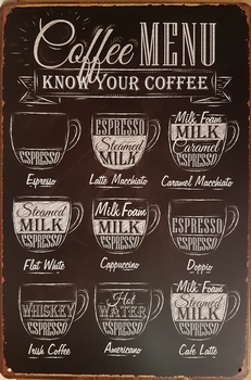 Coffee menu zwart wit metalen bord