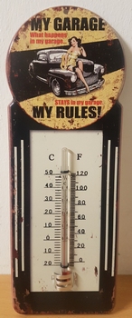 My garage my rules pin up thermometer metaal