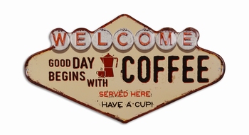 Welcome coffee served here metalen wandbord uitgesneden