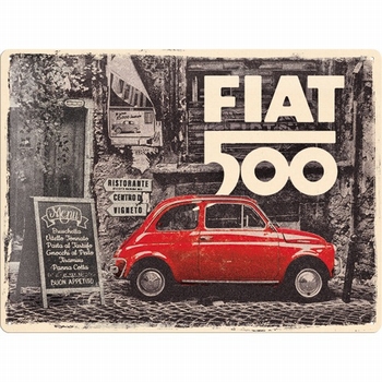 Fiat 500 rode auto metalen reclamebord relief