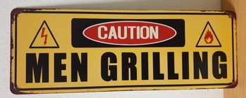 Caution men grilling metalen wandbord