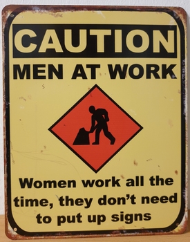 Caution men at work metalen wandbord