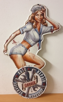 Auto service repair pinup sailer girl  wandbord metaal