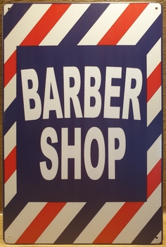 Barber shop blauw wit rood reclamebord van metaal