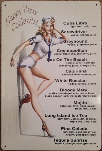Happy Hour cocktails  vrouw metalen reclamebord
