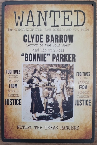 Wanted Bonnie and Clyde reclamebord van metaal