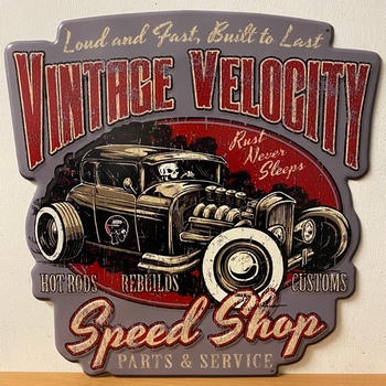 Vintage velocity speed shop hotrod metalen uitgesneden bord
