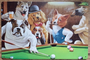 Honden spelen Pool biljart reclamebord metaal