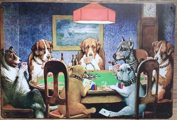 Honden aan pokertafel reclamebord metaal