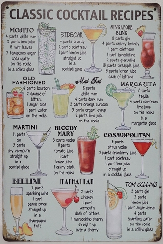 Classic cocktails recepten metalen reclamebord