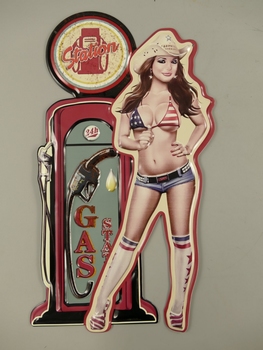 Benzinepomp pinup america metalen uitgesneden wandbord