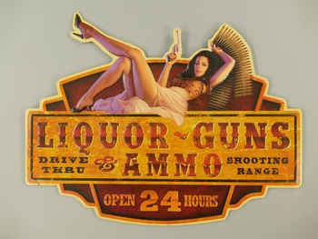 Liquor guns amo open 24 hours metalen uitgesneden bord