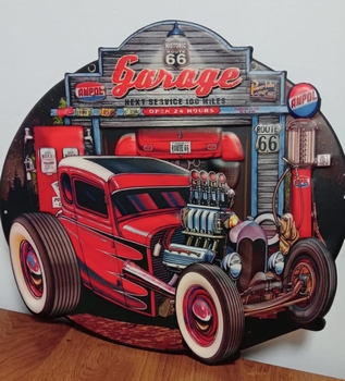 Hotrod garage reclamebord metaal