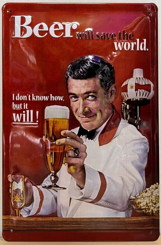 Bier save the world reclamebord van metaal