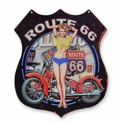 Pin up rond route 66 uitgesneden wandbord