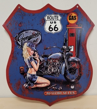 Route 66 benzinepomp motor pinup blauw metalen wandbord