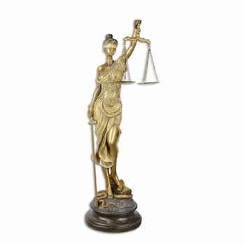 Vrouwe justitia beeld gele jurk polyresin