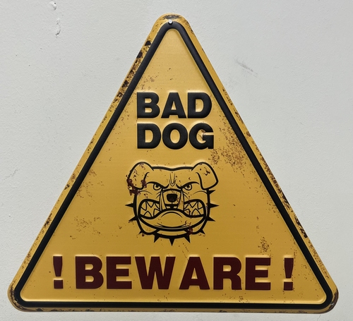Beware Bad Dog geel metalen reclamebord