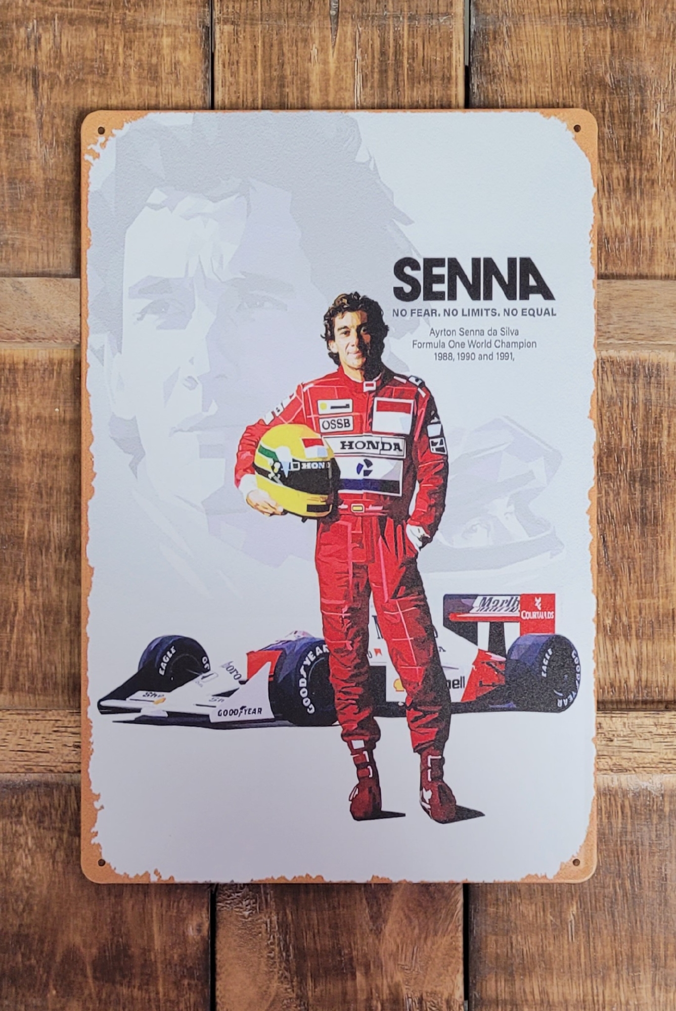 Ayrton Senna voor Formule 1 auto wandbord van metaal