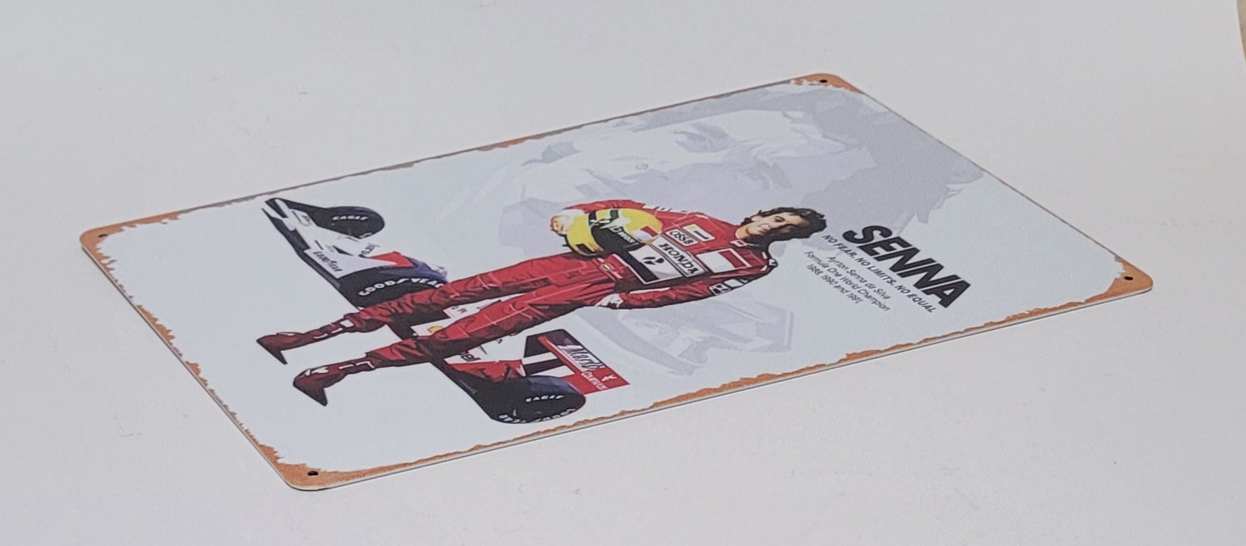 Ayrton Senna voor Formule 1 auto wandbord van metaal