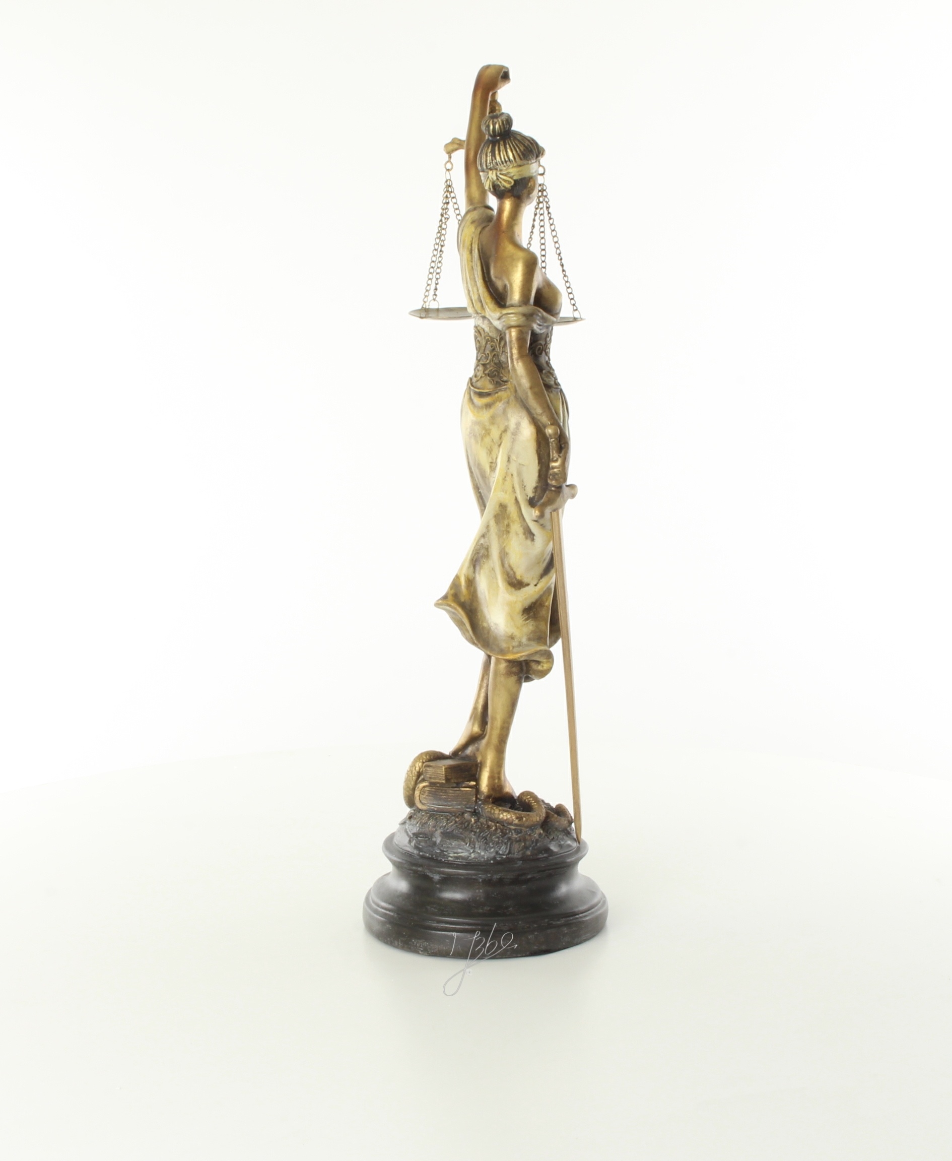 Vrouwe justitia beeld gele jurk polyresin
