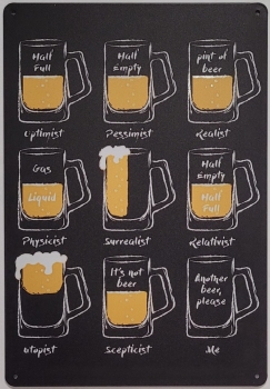 Bierglazen Optimist Pessimist realist wandbord metaal